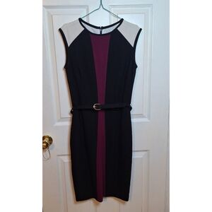 Cache Black Purple Knee Length Bodycon Dress Belted Business Casual Size 6